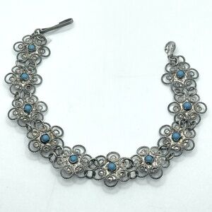 Vtg Sterling Turquoise Filigree Floral Flower Bracelet 7.5” / Vintage